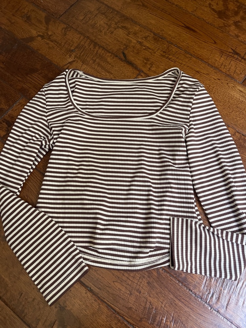 Striped Long-Sleeve Scoop Neck Top in Brown and White